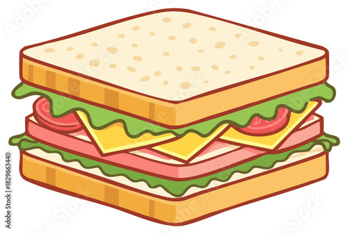 Appetizing stacked sandwich illustration with fresh lettuce tomato cheese and savory meat layers between wholesome bread