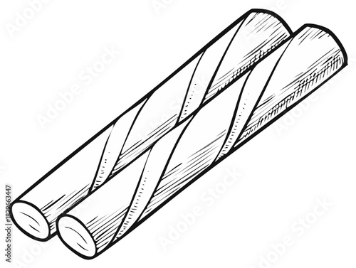 Two twisted chewy candy sticks hand drawn sketch on a white background