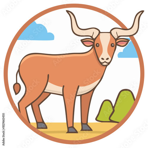 Ox Illustration with Horns Standing Near Hills with Clouds Cartoonish Style