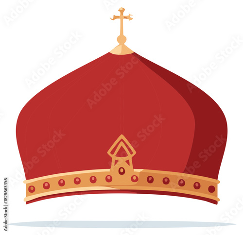 Eastern Christian Mitre Illustration Red and Gold Headdress Featuring a Cross Represents Orthodox Religious Leadership