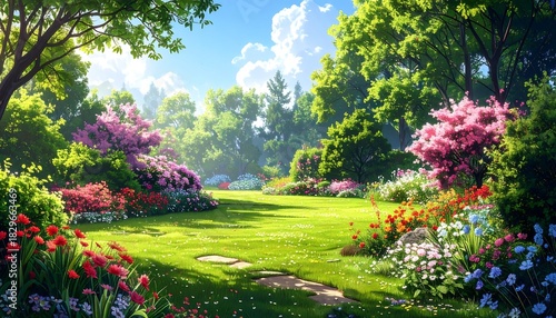 Fototapeta Naklejka Na Ścianę i Meble -  Lush, sunny garden scene with vibrant flowers and a grassy expanse