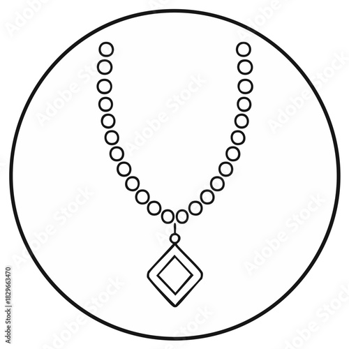 Outline illustration of a necklace with a pendant in a circle.