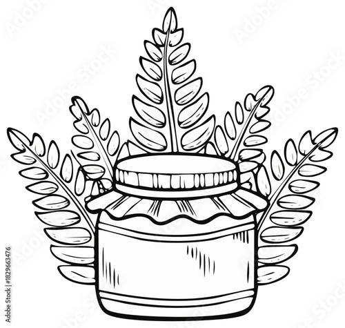 Hand-drawn outline illustration of a generic food jar surrounded by natural wheat or grain ears.