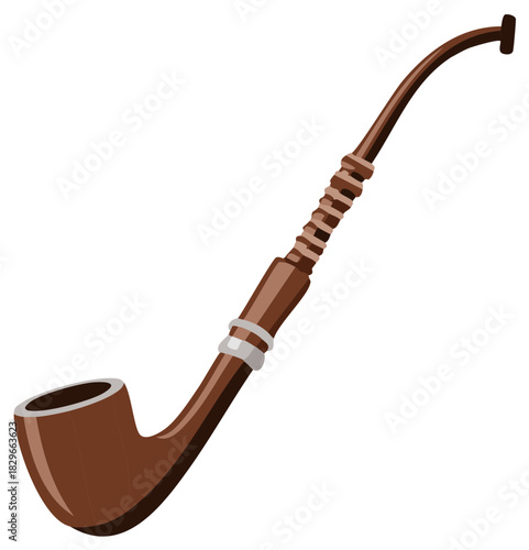 Classic brown wooden smoking pipe with a long stem vector illustration