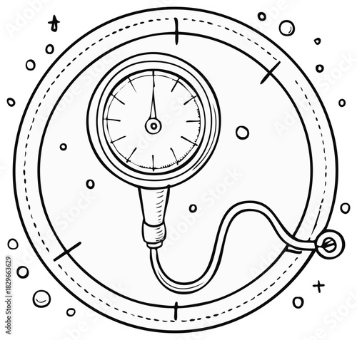 Hand drawn illustration of a tire pressure gauge checking a wheel