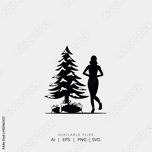 Silhouette of woman standing next to Christmas tree with gifts ,Black and white Christmas vector