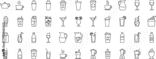 Collection of line art icons depicting various beverages and drinkware vector