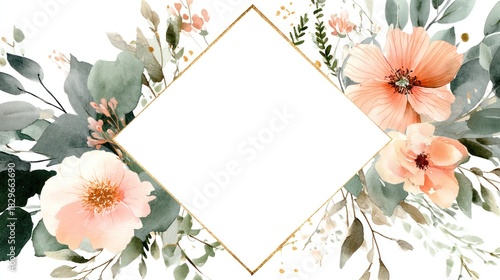 Watercolor floral border design with golden frame