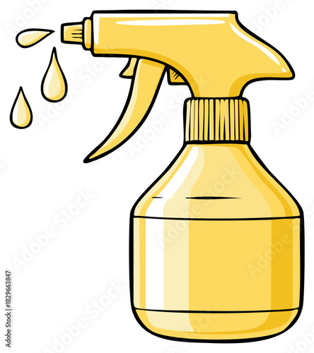 Yellow spray bottle illustration showing droplets liquid leaking nozzle cleanliness vector element tool cleaner sanitation symbol
