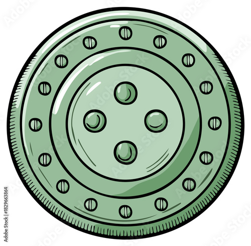 Green metallic circular shield or button with rivets and central studs medieval fantasy game element