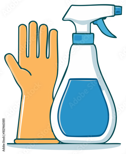 Illustration of cleaning spray bottle and rubber glove for home disinfection