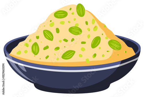 Illustration of a bowl of food, topped with green nuts, in a colorful design