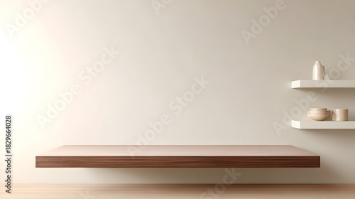Clean and contemporary minimalist interior scene with a prominent floating wooden platform and two wall shelves holding simple decor items set against a light neutral wall