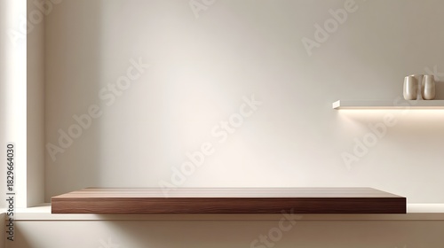 Minimalist wooden display platform set in a serene neutral interior enhanced by soft ambient lighting and subtle shadows creating an elegant and modern backdrop