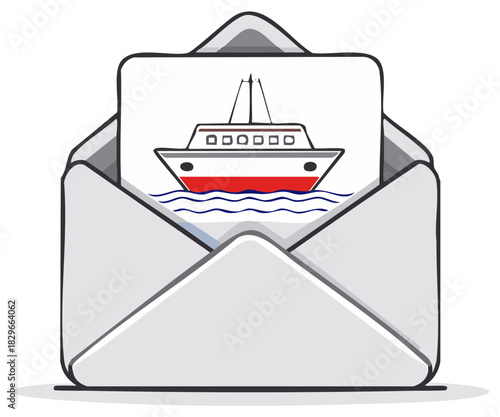 Vector illustration of a travel message showing a cruise ship in an open envelope