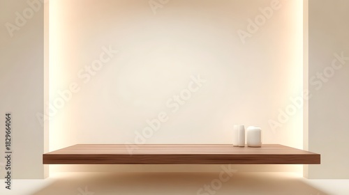 Modern minimalist interior design a smooth wooden shelf with two white decorative objects highlighted by soft warm ambient lighting in a clean wall niche