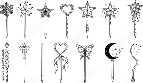 Collection of twelve black and white outline magic wands with various decorative tops