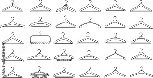 Collection of various clothing hangers in black outline on white background garment hanger