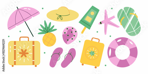 Colorful summer vacation elements illustration on white background