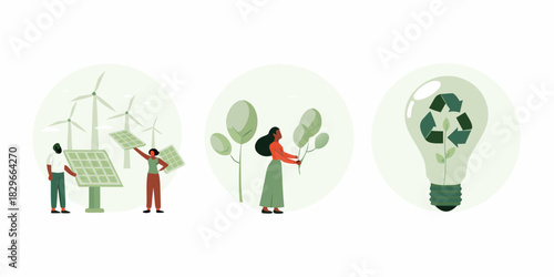 Sustainable energy and environmental conservation with solar panels trees and recycling