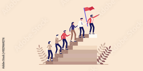 Teamwork and leadership people climbing stairs to achieve a common goal