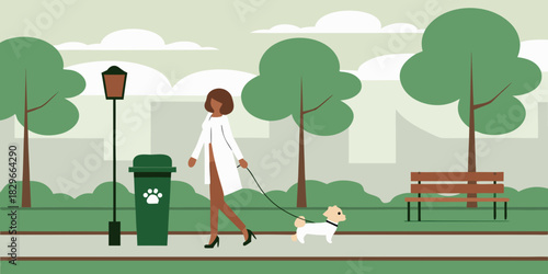 Woman walking her dog in a park illustration