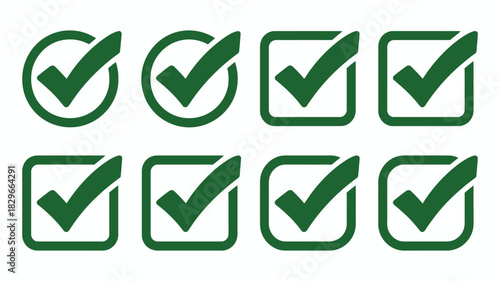 A collection of eight green check mark icons in circles and squares on a white background arranged evenly