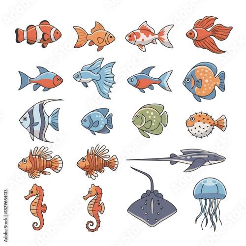 Stylized flat vector set of 15 aquatic species icons including koi, angelfish, pufferfish, seahorse, stingray and other tropical fish, designed with soft rounded lines in a clean minimal style