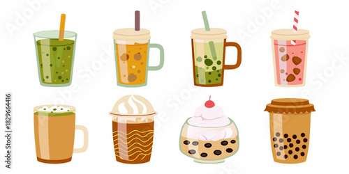 Assorted bubble tea drinks illustration on white background