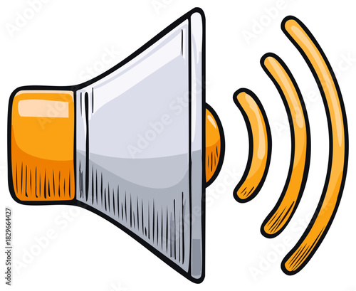 Hand drawn cartoon illustration of a loudspeaker emitting sound waves