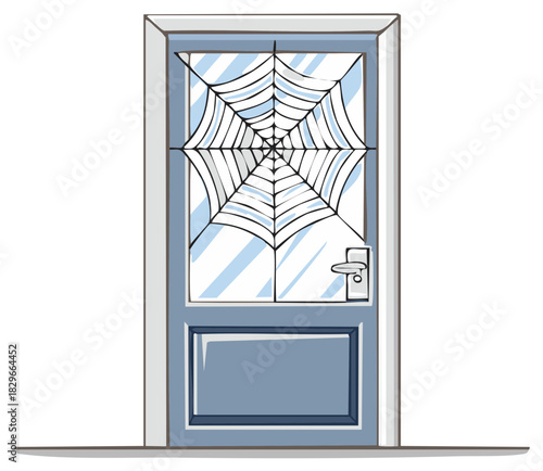 Spooky blue door with a large cobweb on the glass pane illustration for Halloween
