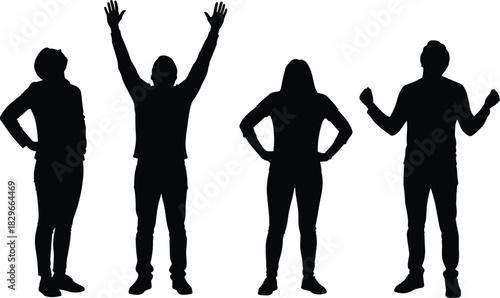 Four black silhouettes of people with arms raised or hands on hips against a white background