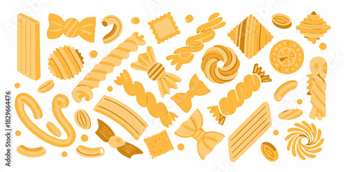 Assorted pasta types flat lay illustration on white background