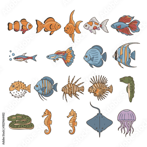 Stylized flat vector set of 15 aquatic species icons including koi, angelfish, pufferfish, seahorse, stingray and other tropical fish, designed with soft rounded lines in a clean minimal style