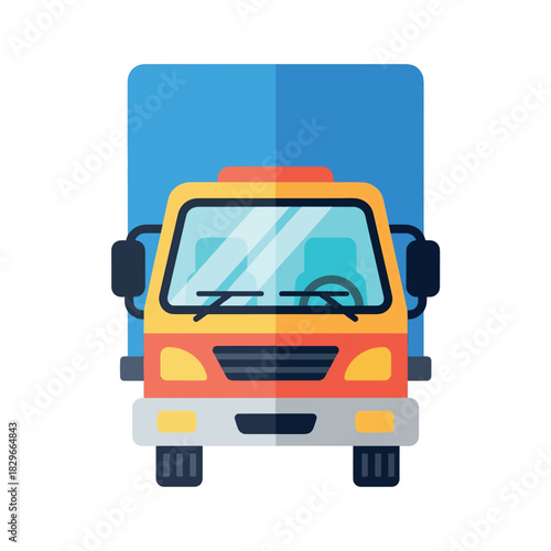 Front view of a delivery truck with a vibrant orange and yellow cab driving down the road