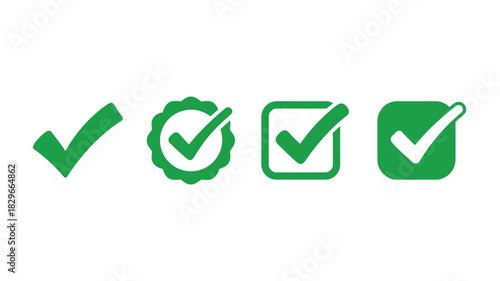 A set of four different green check mark icons isolated on a white background in a horizontal row