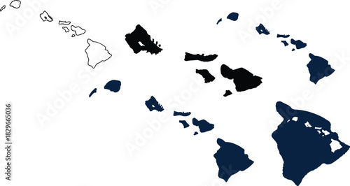 Hawaiian Islands archipelago map outlines in black and dark blue on white background