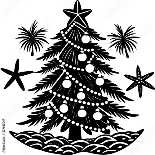 Beach Christmas Tree with Starfish – Tropical Holiday Vector Art for Summer, Travel & Unique Design

