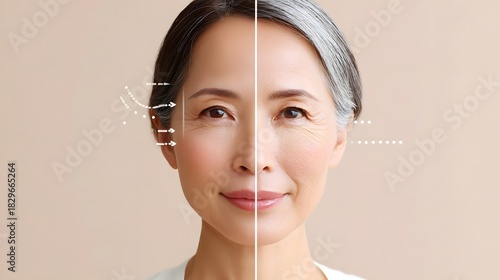 Split portrait of a mature East Asian woman contrasting aging skin with wrinkles against a smoother rejuvenated complexion depicted with visual indicators of cosmetic treatment and skin improvement
