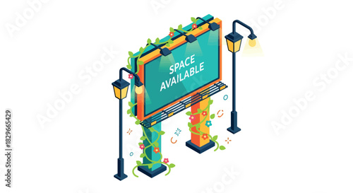 A vibrant illustration of a billboard with 'Space Available' sign surrounded by street lamps and lush greenery