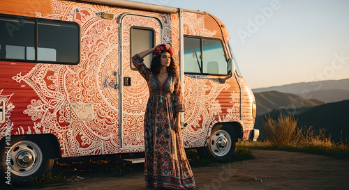 woman travelling in vintage van