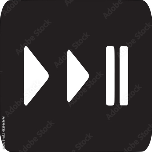 A black rectangle with rounded corners containing two play symbols and a pause symbol in white color