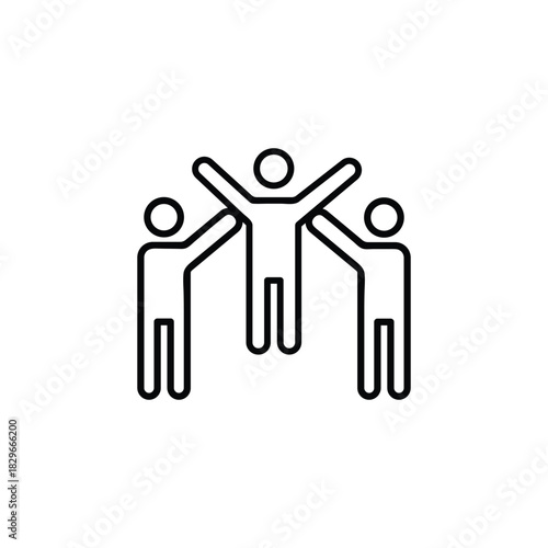 Minimal line icon showing a central leader celebrating with team support. Ideal for leadership, teamwork, success, collaboration, motivation, and business growth concepts.