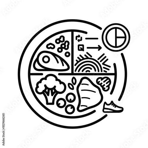 Healthy balanced diet plate with protein, carbs, vegetables isolated on