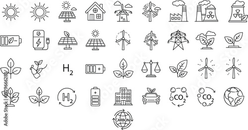 Renewable energy icons, solar panels, wind turbines, eco power symbols, sustainability illustration set, clean energy technology, environmental conservation graphics, green future design elements