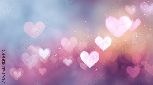 Soft pastel background with delicate hearts in pink, purple, and blue glowing like stars against a night sky, white hearts floating gently around edges for romantic Valentine’s Day designs.