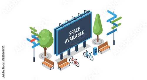 Illustration of an available commercial space with benches and bicycles near a billboard