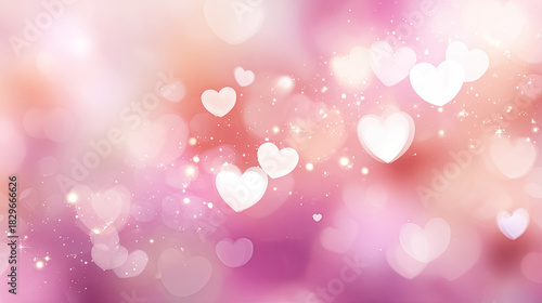 Soft pastel background with delicate pink, purple and blue hearts glowing like stars in a dreamy night sky, with white hearts floating at edges for romantic Valentine’s Day designs.