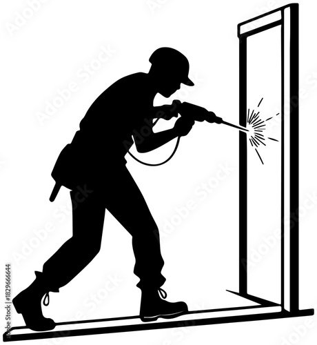 Person Using Power Drill on Wall – Vector Illustration