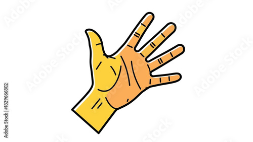 A stylized cartoon drawing of an open human hand with fingers spread, colored in yellow and orange.